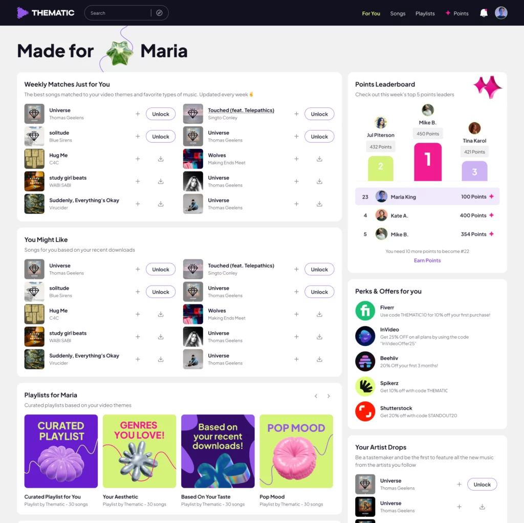 Thematic For You Page: Your personalized hub for music discovery