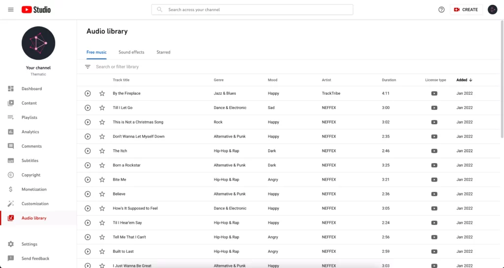The YouTube Audio Library is a free music and sound effects collection built into the YouTube Studio dashboard.
